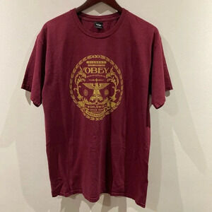 OBEY Sz L T-Shirt  Tee Burgundy Gold Cotton